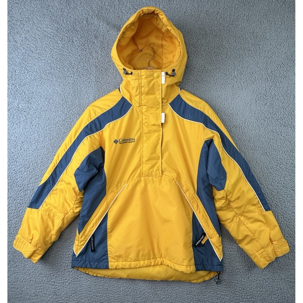 VTG Columbia Omni Shield Ski Jacket Womens Small Yellow Blue Hidden Hood